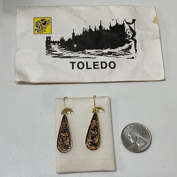 Brand New Vintage Toledo Spanish 24K Gold Damascene Teardrop Earrings - Picture 8 of 9